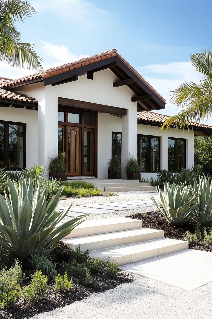 White bungalow with terracotta roof and palm trees