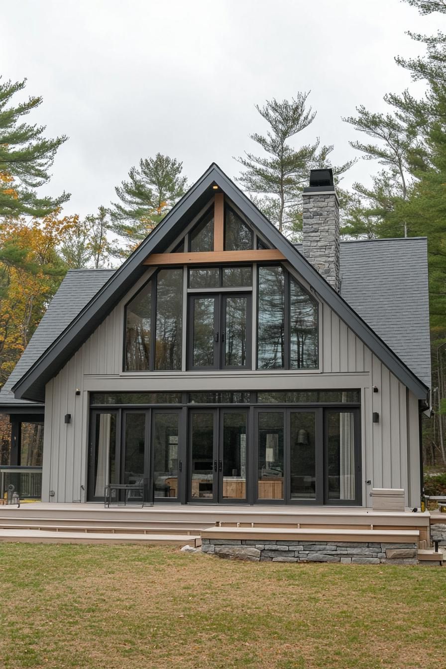 modern house with light grey timber cladding light grey wood decks large modern windows and glass doors with black trim gable roof without eaves 3