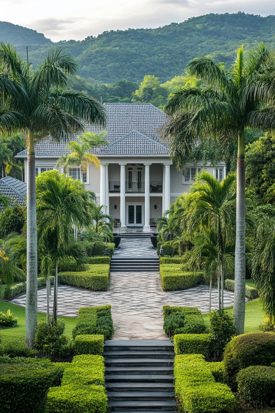 high angle view of Georgien style manor with grey roof facade with columns large front garden with geometric shrubs tall palms and paven paths with 1