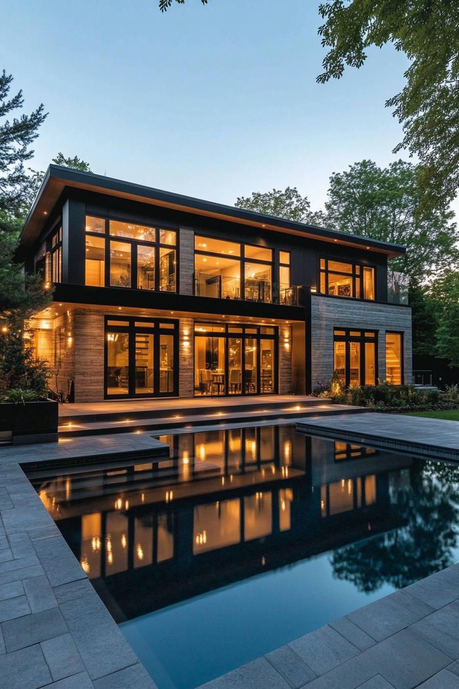 Modern house with a lit-up facade and pool