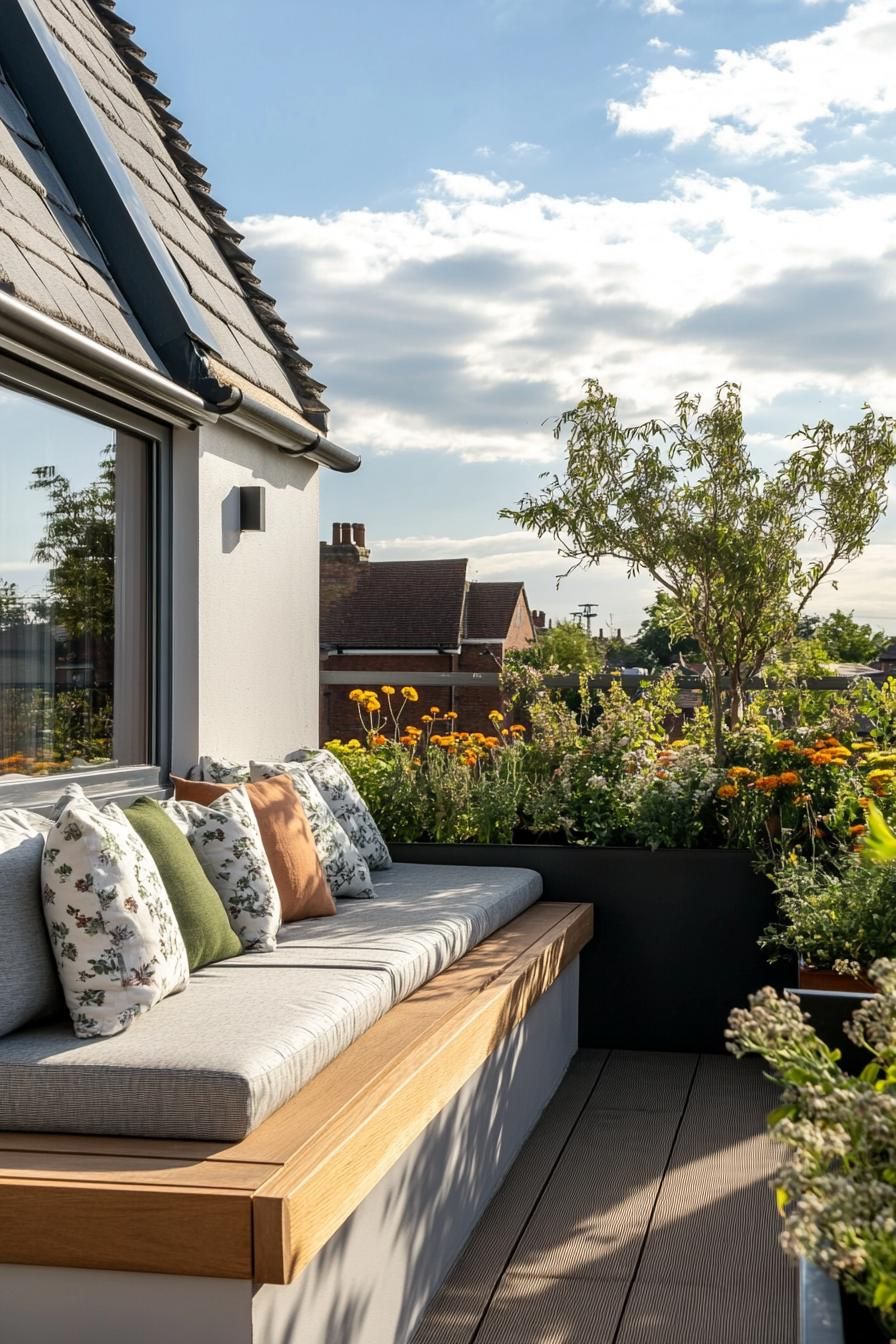 rooftop terrace with wooden deck buit in benches with pillows buildint planters with flowers and small trees farmhouse style furniture 1