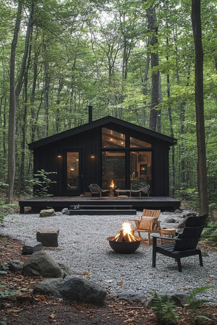 Stylish black cabin nestled among trees with a gravel yard and fire pit