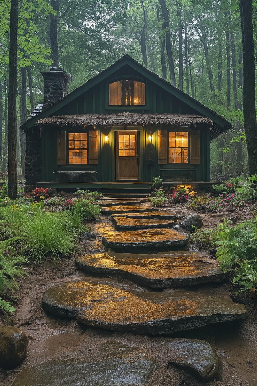 Charming forest cabin with glowing windows