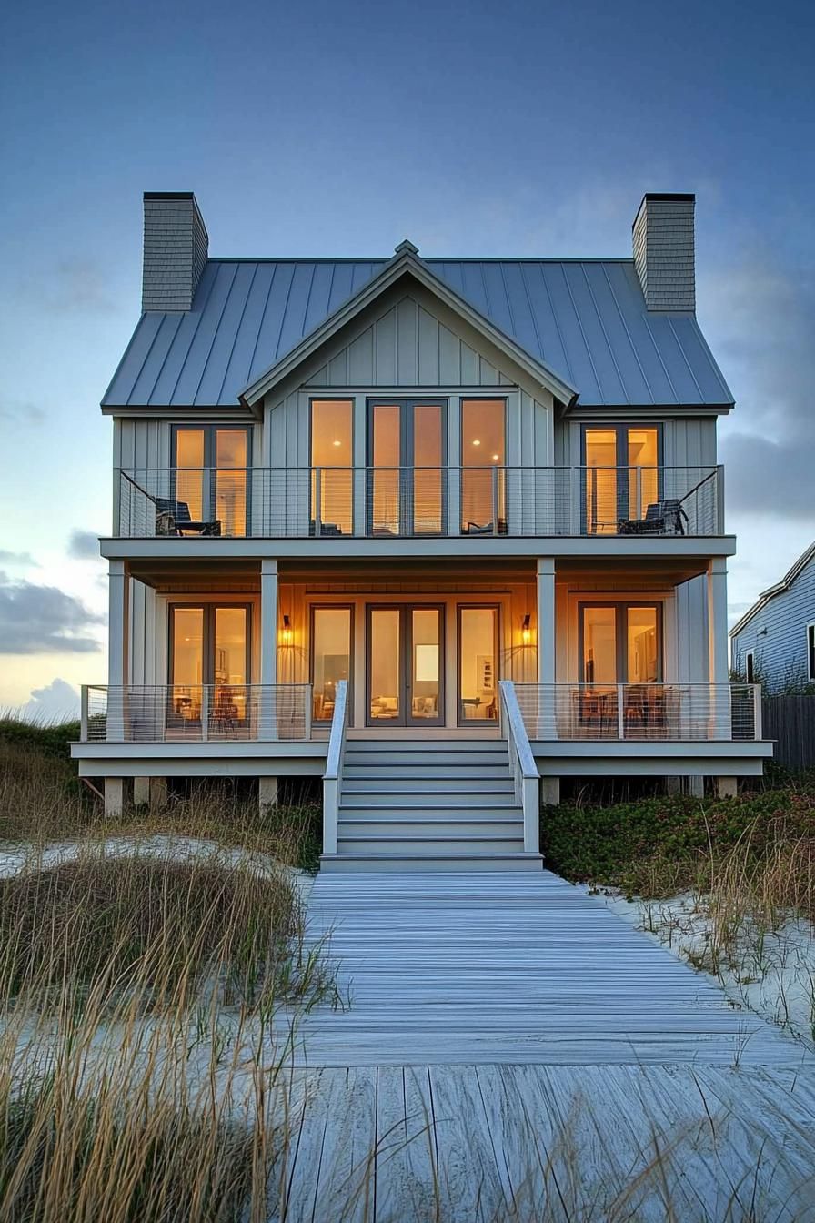 Coastal house with wooden pathway leading to it