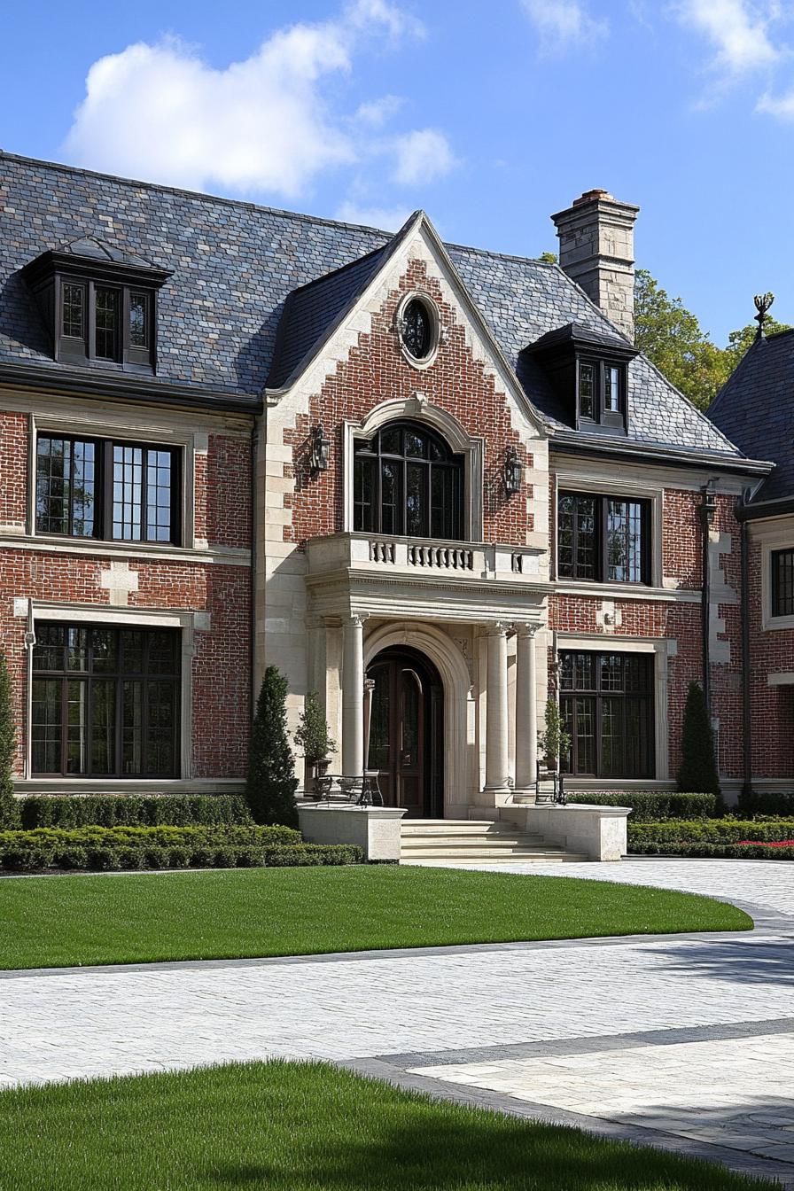 limestone brick manor with ornate gables large windows entrance with columns neat lawn landscaping