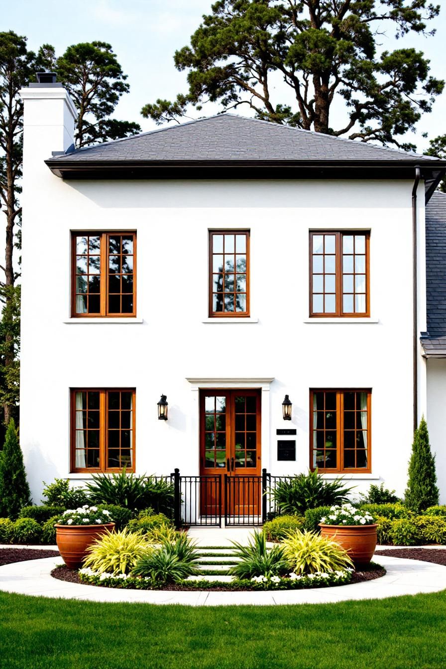 White cottage with wooden windows and lush landscaping