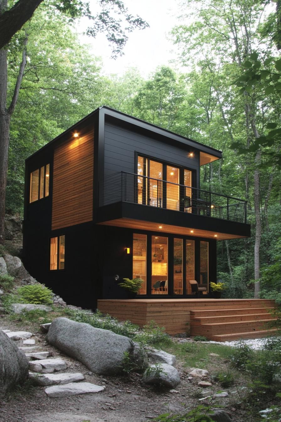 Contemporary cabin in a wooded setting with illuminated windows