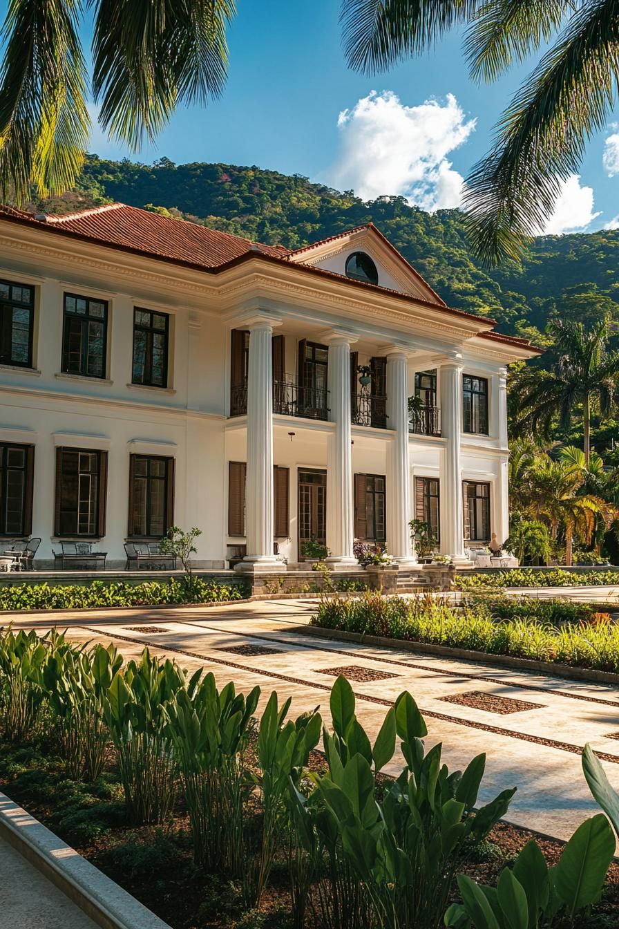 high angle view of colonial style manor facade with columns and modern windows large front garden with native shrubs tall palms and paved paths 2