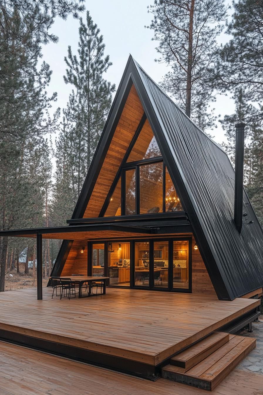 modern a frame cabin on a large wooden deck black metal roof reclaimed wood siding eave and porch cover tall pines in the background 1