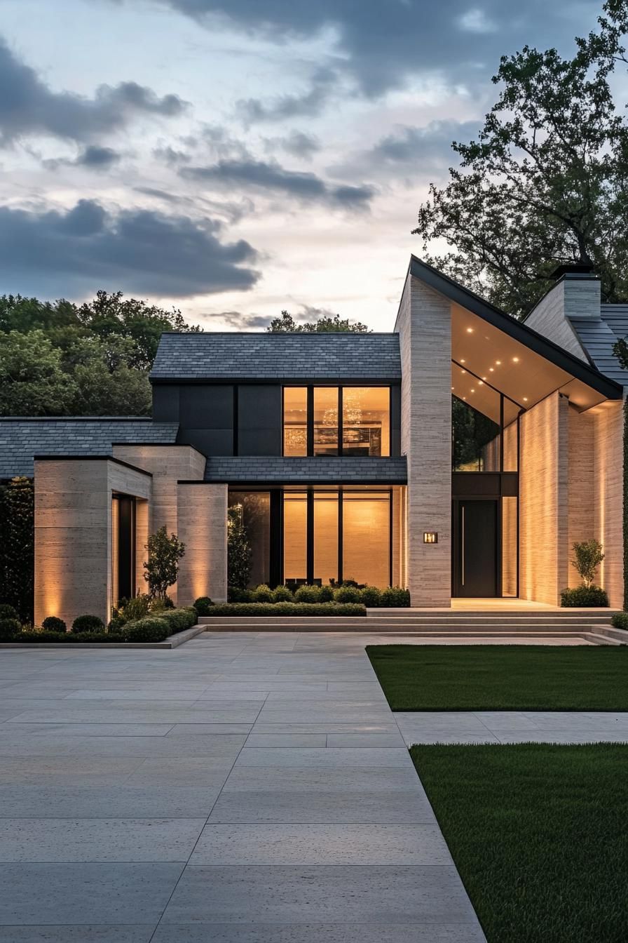 Modern house with warm exterior lighting at dusk