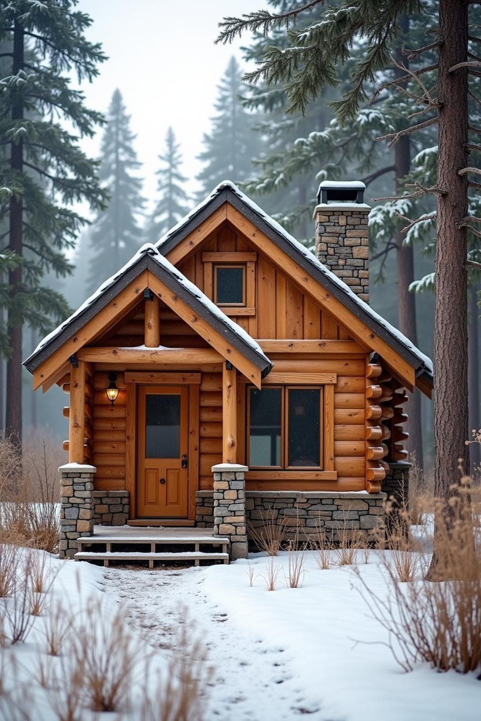 Log cabin amidst snow-covered trees