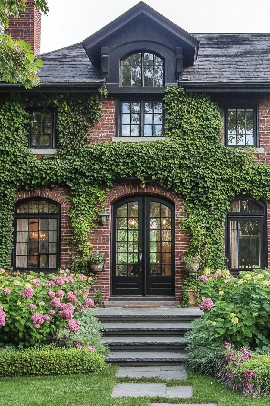 countryside brick cottage front porch with lush flower bushes and flower vines on facade modern door with glass panels