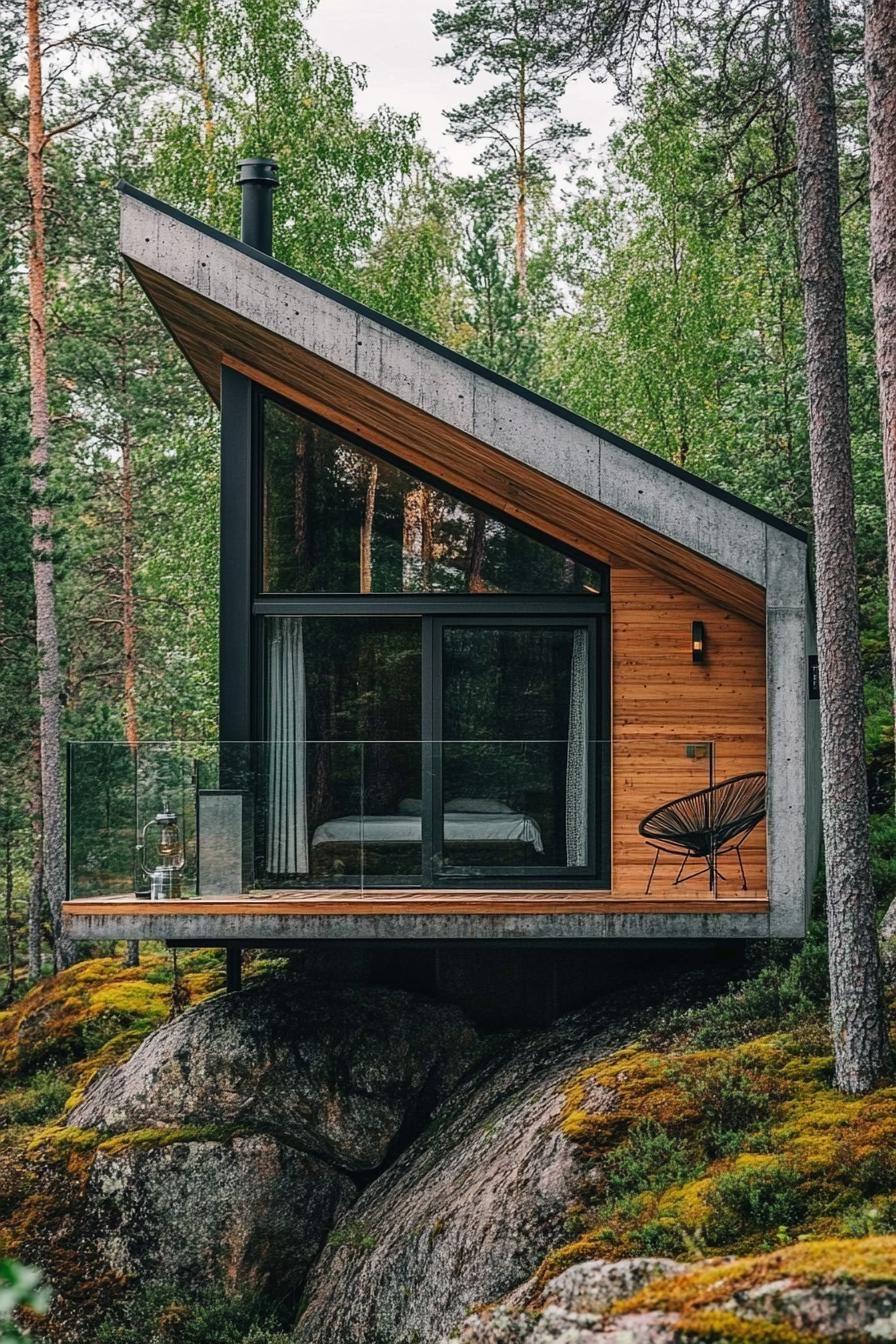 Wooden cabin with large windows on a rocky hillside