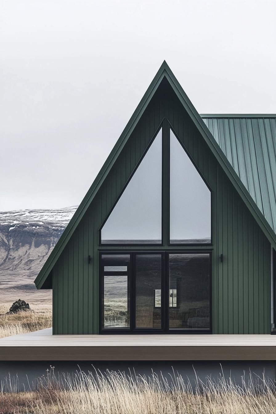 Modern house with green cladding and large triangular windows