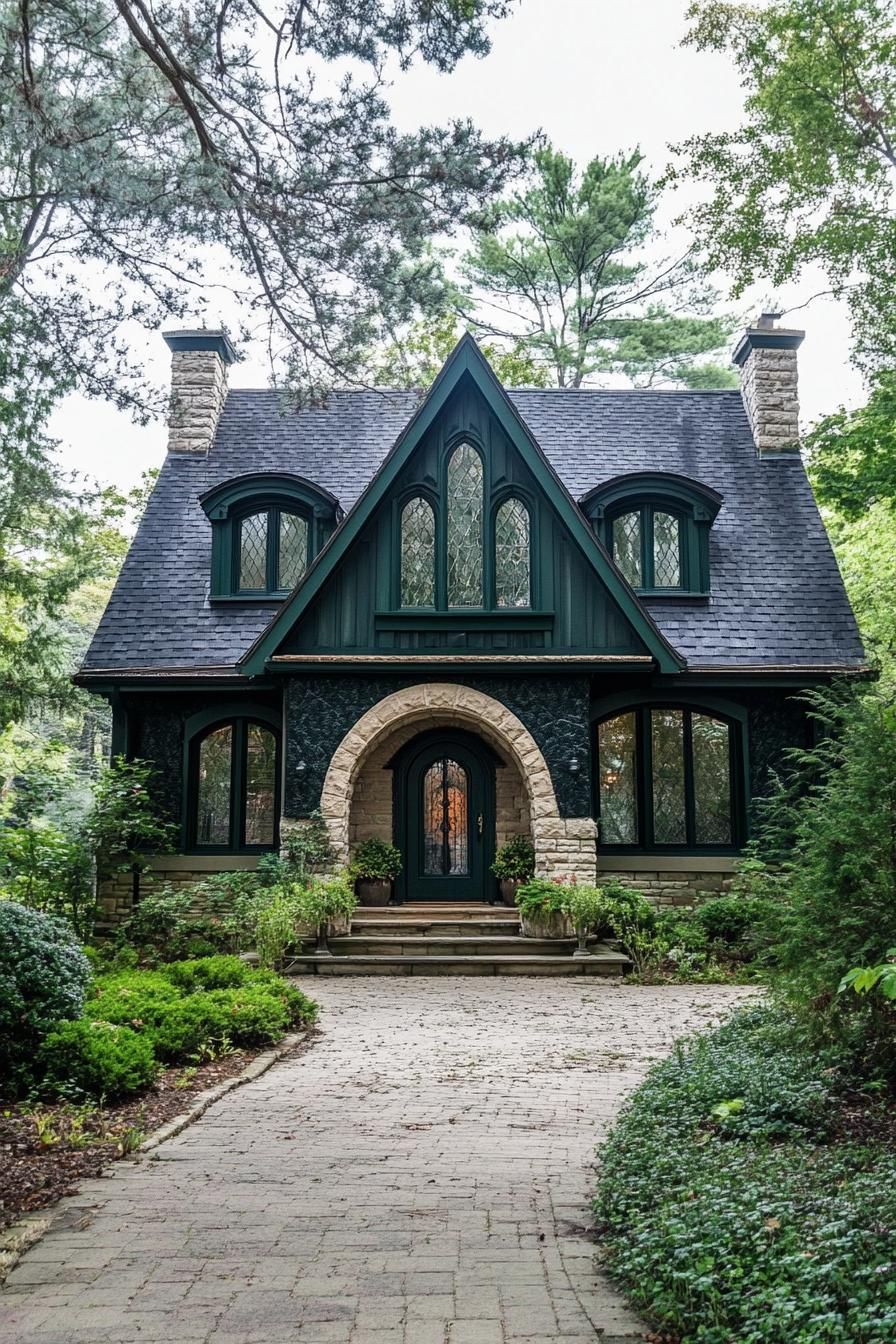 Charming stone cottage with archway entrance and lush greenery