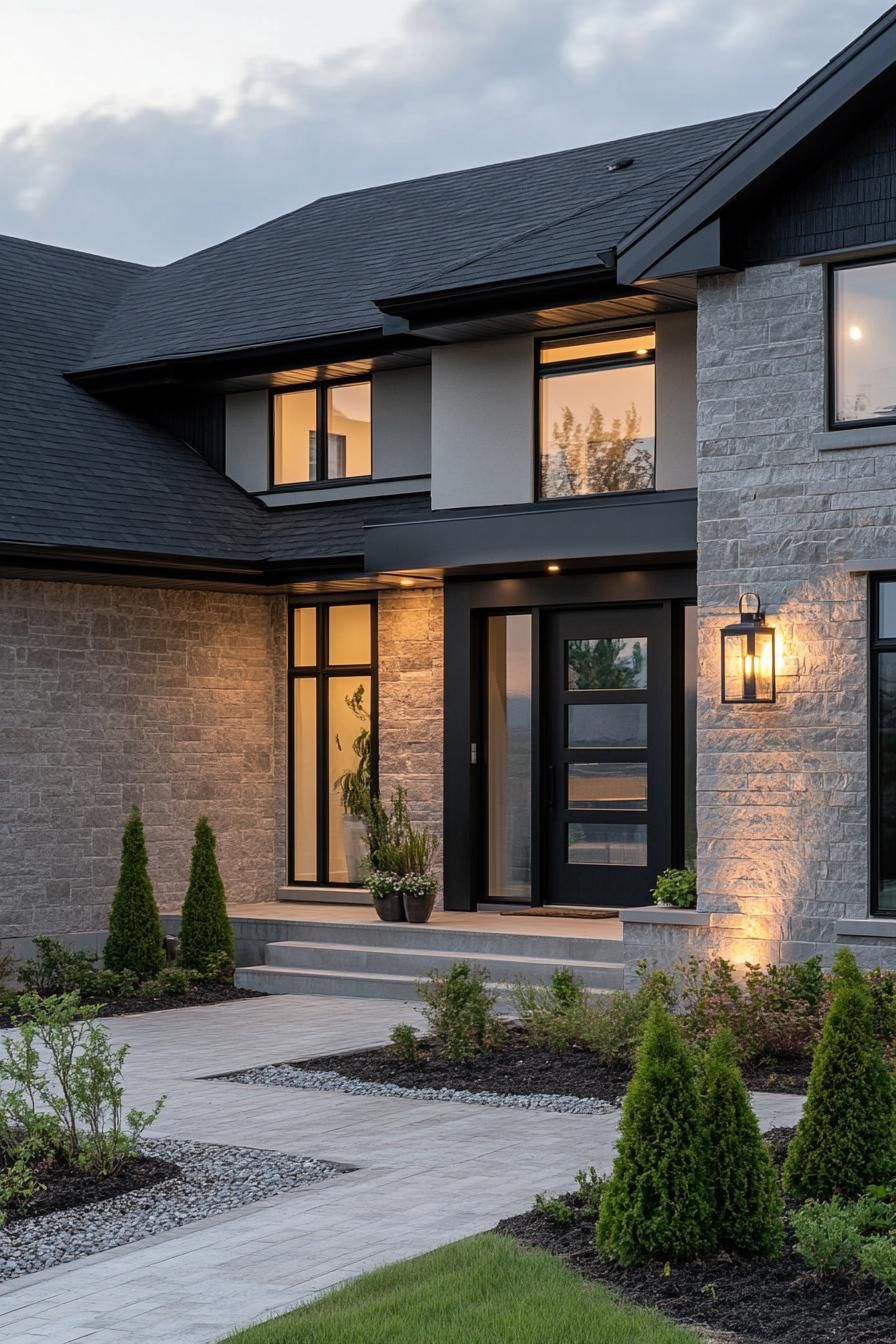 Modern stone house with sleek black accents and warm, inviting lighting