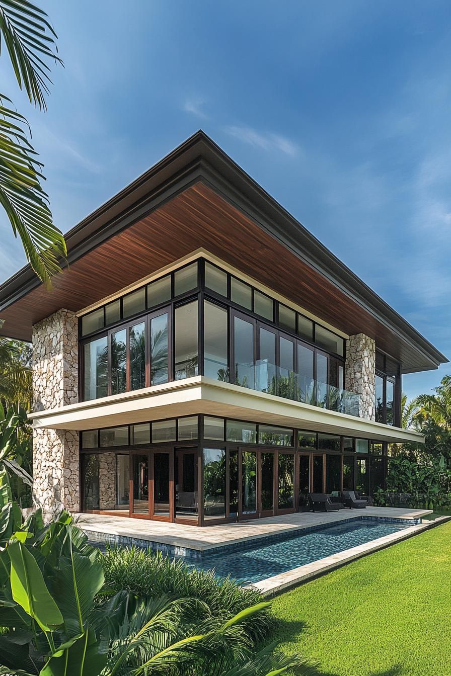 Modern tropical house with stone and glass facade by a pool