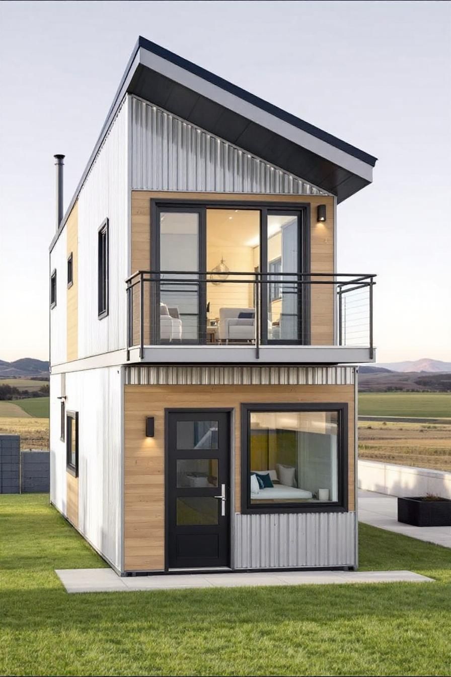 Modern two-story shed house with large windows and a sloped roof in a rural setting