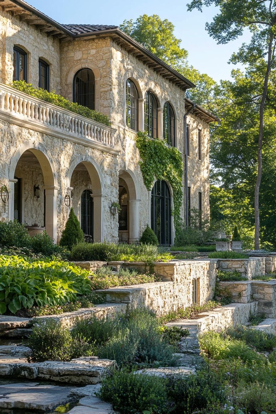 yellow limestone manor with arches facade with vines lanscape with cascading terraces and shrubs woodlands