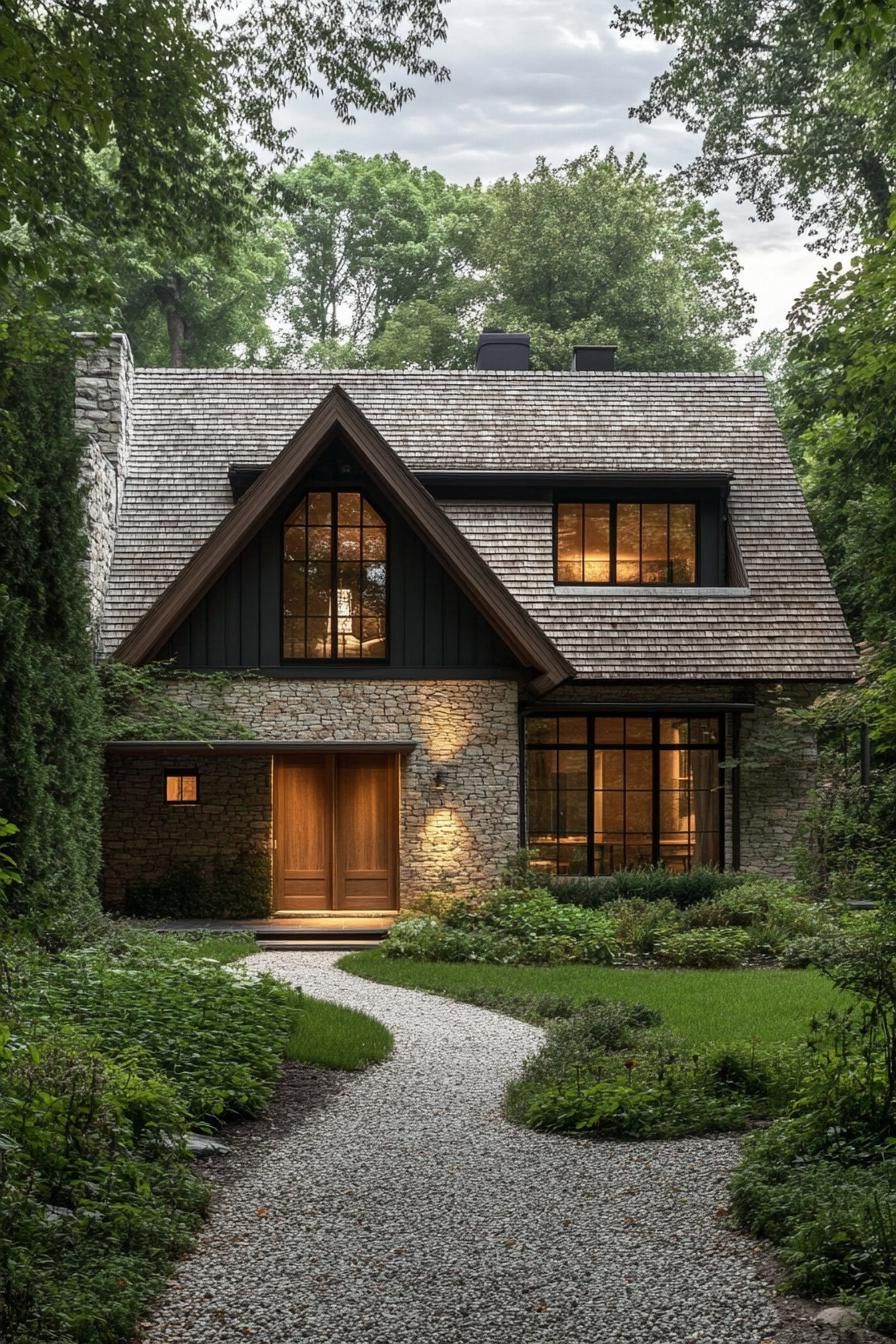 Charming stone cottage with large windows and lush greenery