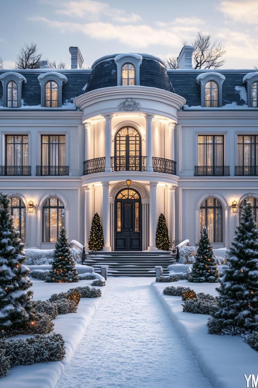 front view of a French mansion in winter white facade with columns and arches black multi pitched roof with dormers large front entrance with 1