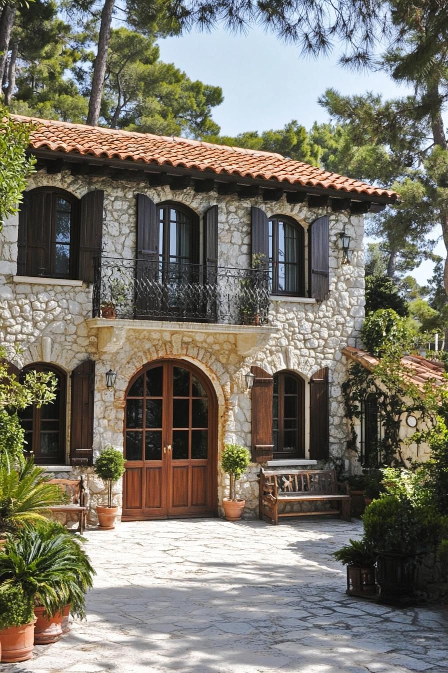 Rustic stone villa with arched doors and lush greenery