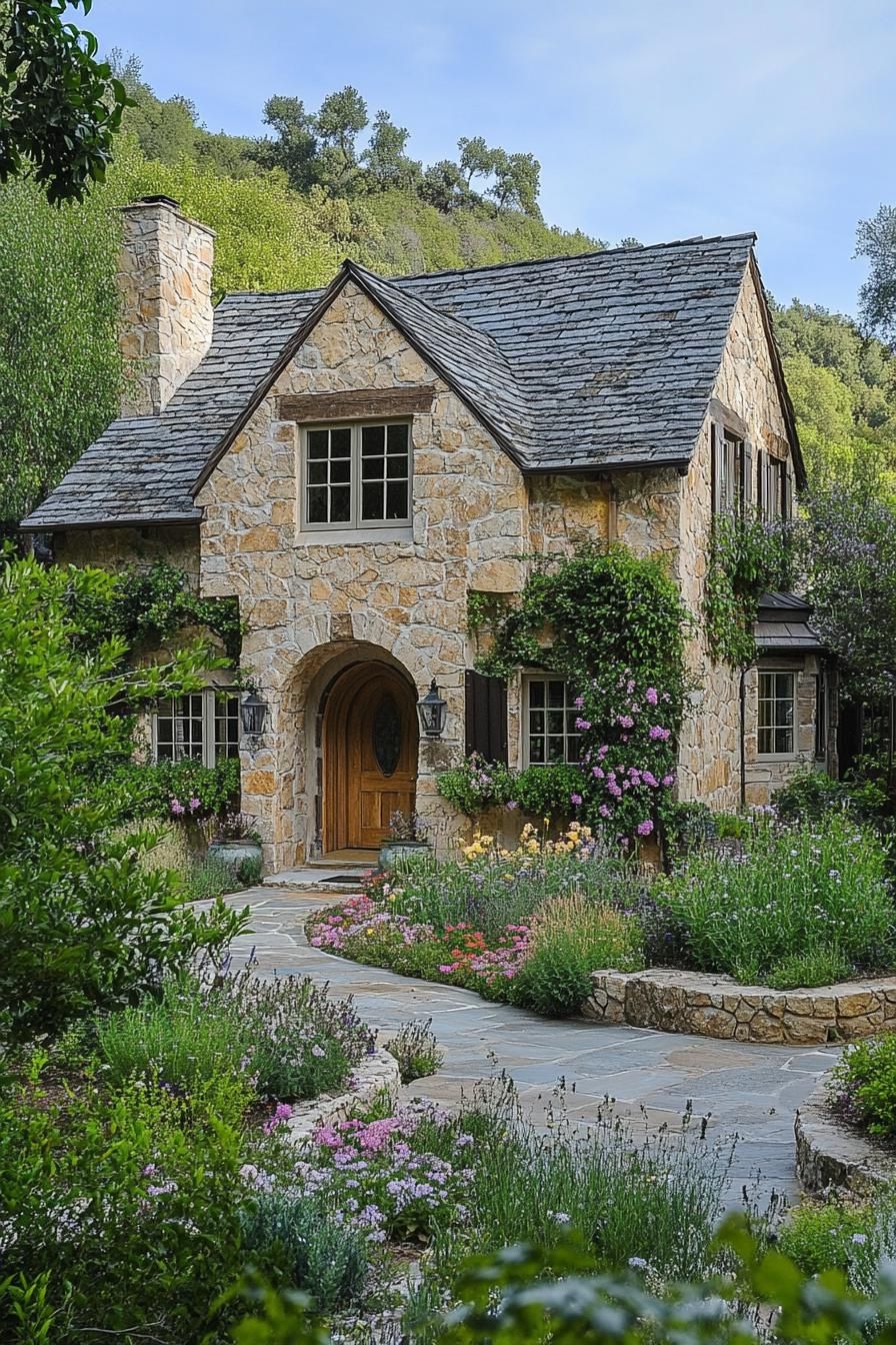 Charming stone cottage surrounded by lush greenery and flowers