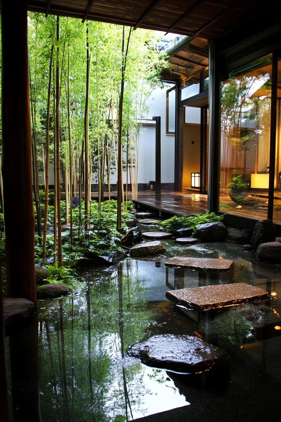 Zen courtyard with bamboo and stepping stones