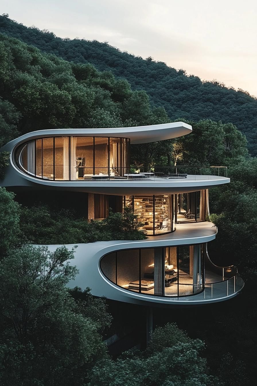 Layers of curved architecture with glass walls nestled in greenery