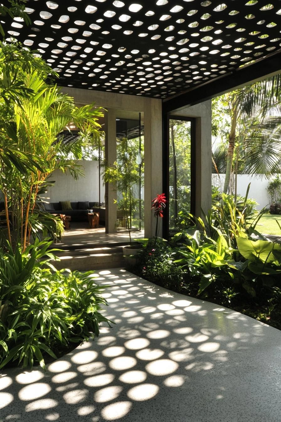 inner courtyard of a modern house with a large pattern pavillion filtering light shadows dropping on garden plants 2