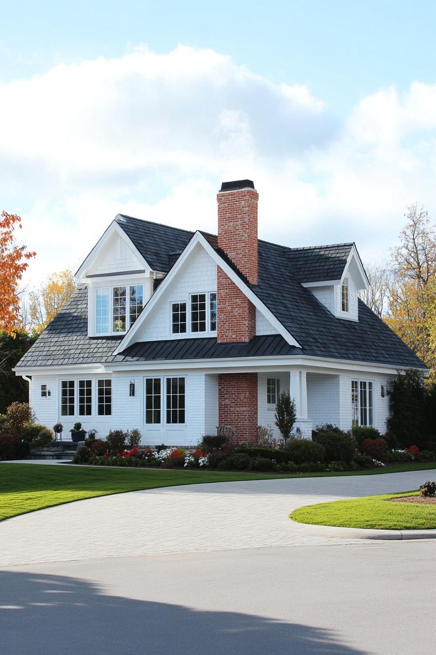 modern european cottage house with white brick siding red brick accents stone grey shingle roof with multi pitched gables brick chimney white trim 1