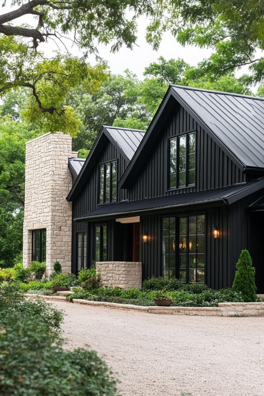 Black long house with stone details surrounded by greenery