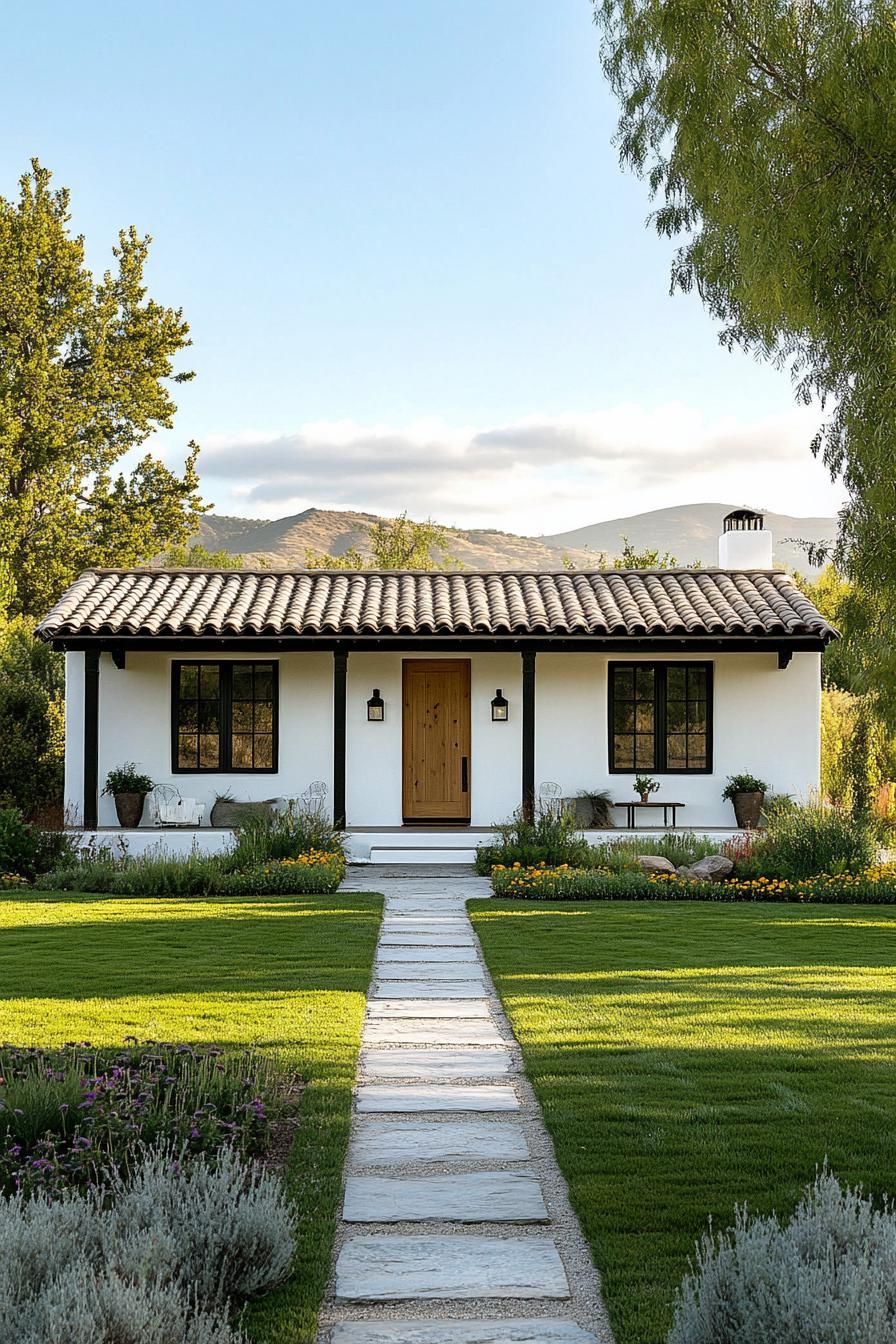 Small white cottage with a tiled roof and lush garden