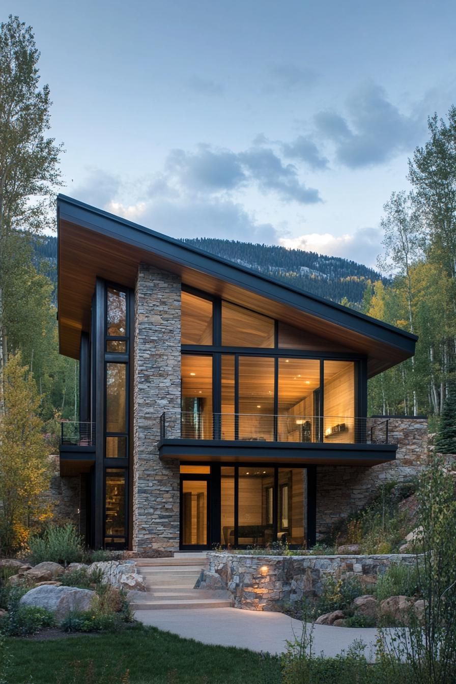 A modern mountain cabin with stone walls and large glass windows, nestled among tall trees