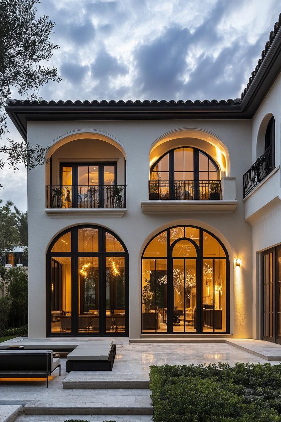 Two-story house with arched windows and elegant lighting