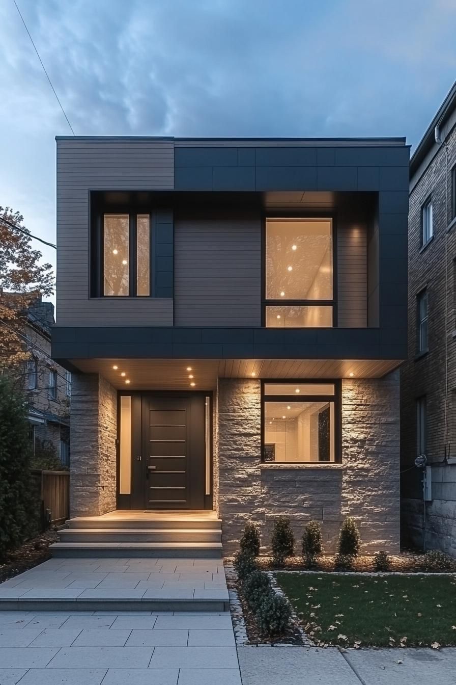 Modern house facade at dusk with lights