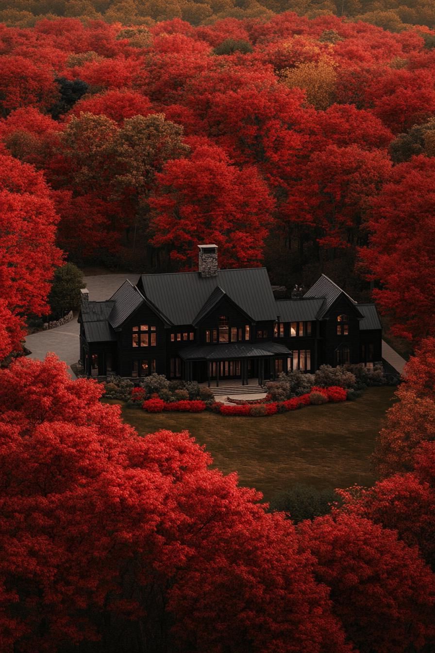 Dark house surrounded by vibrant red autumn trees