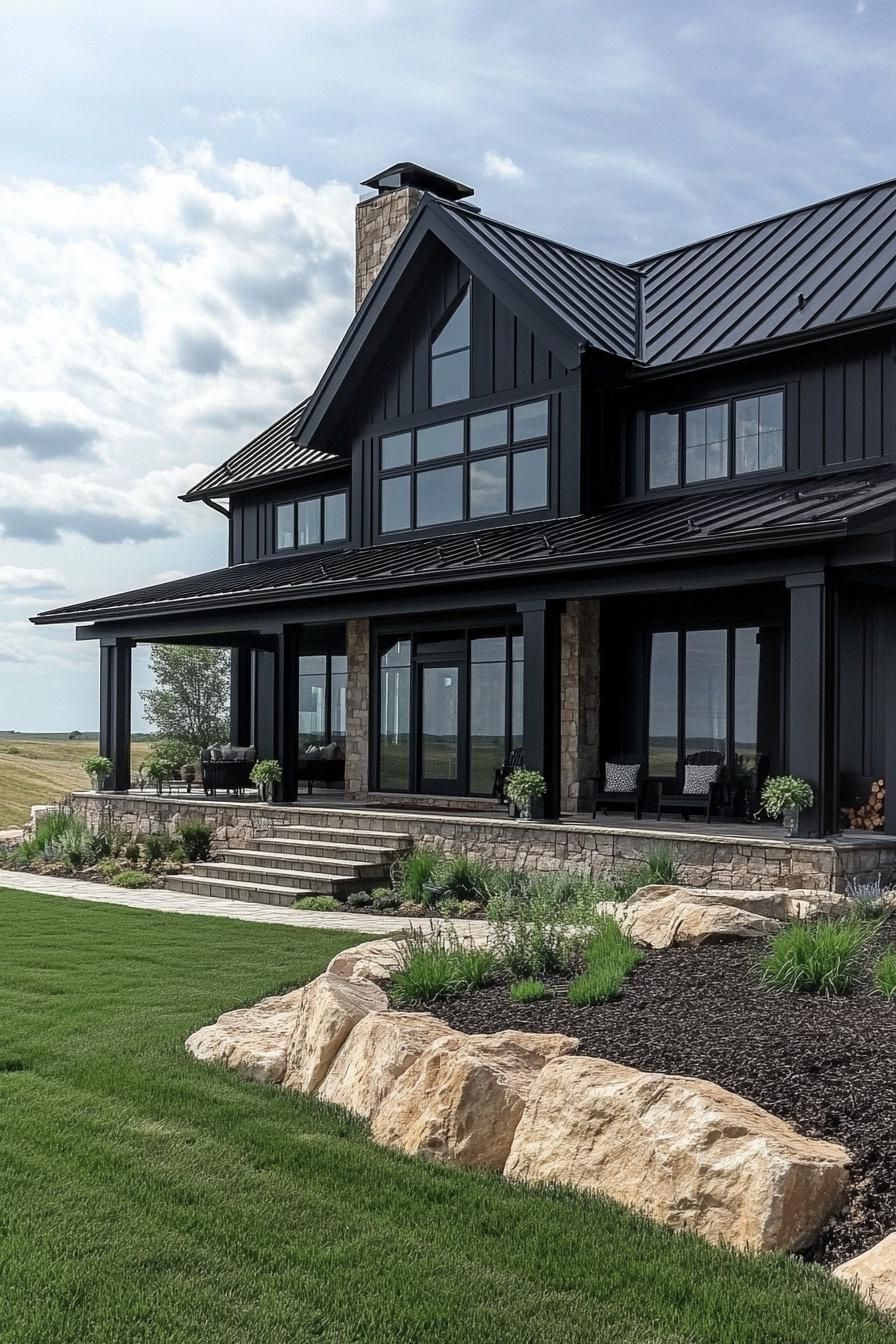 large modern black farmhouse with stone foundations black metal multi pitch roof porch with beam posts neat lawn landscaping 1