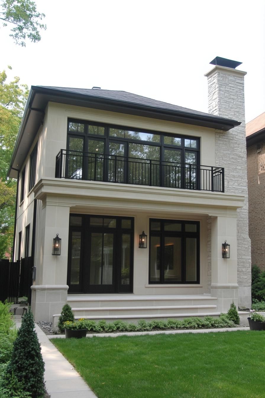 Modern house with black-framed windows and lush lawn