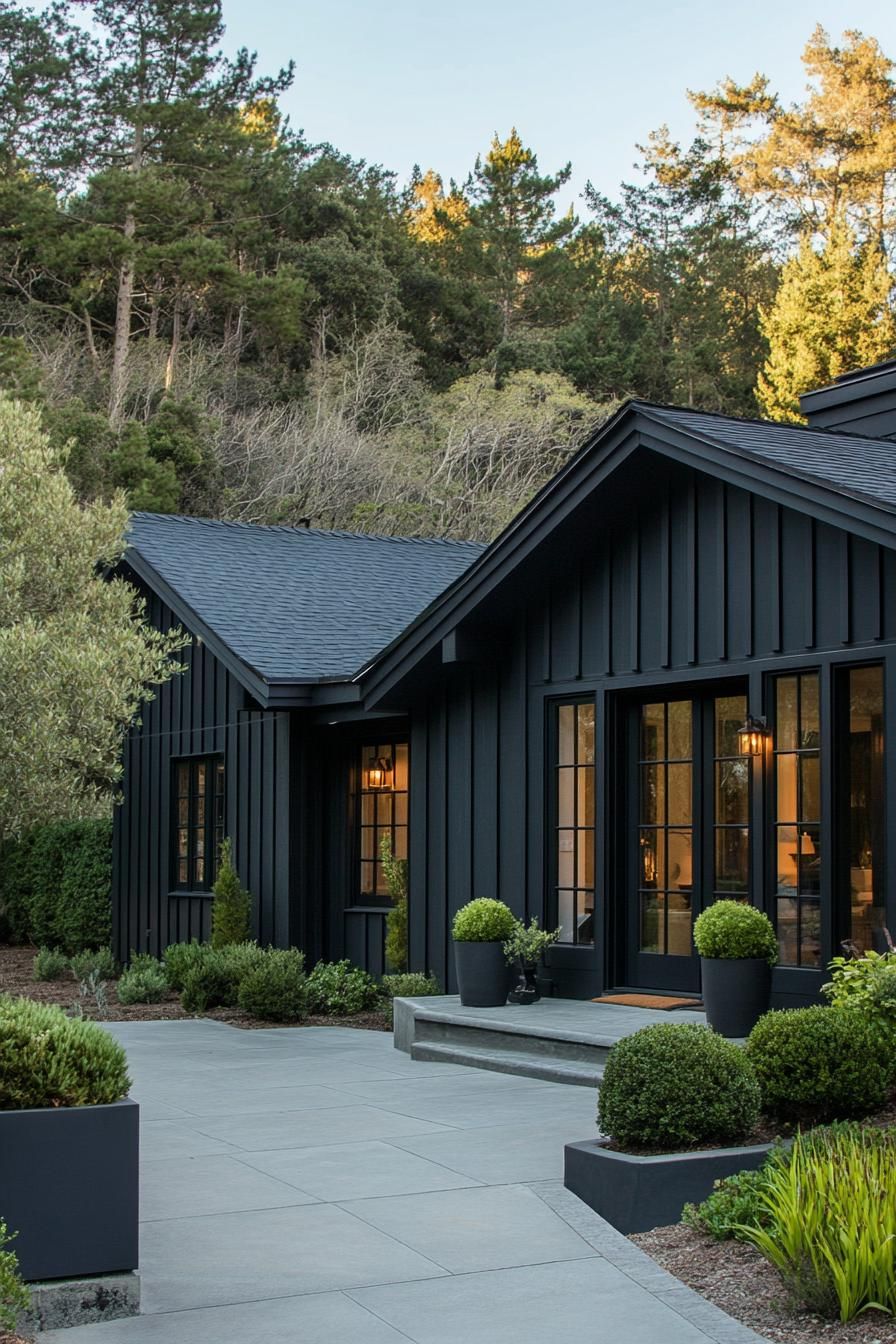 Sleek black house with greenery around