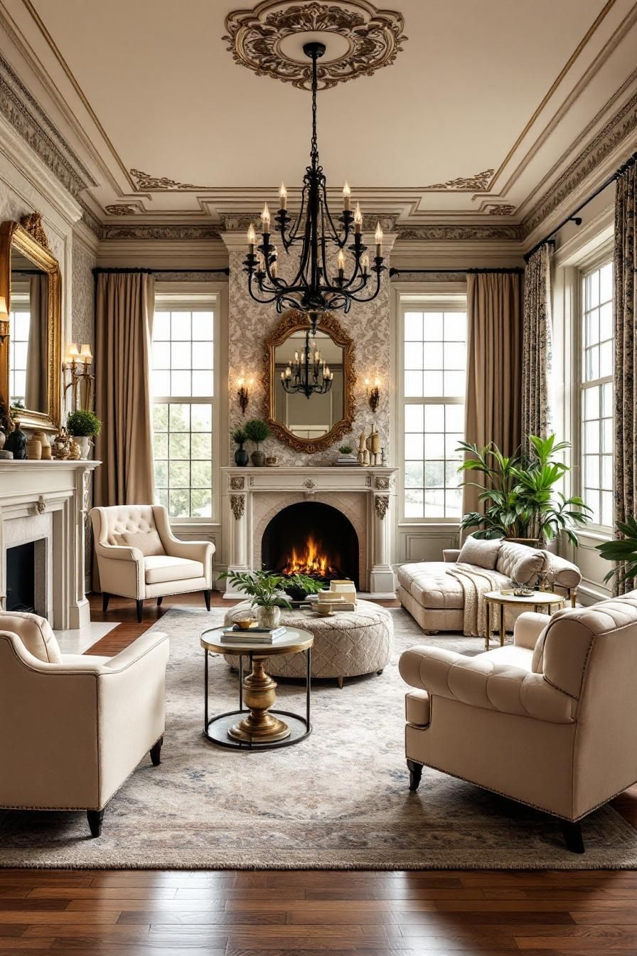 Elegant colonial living room with a chandelier and fireplace