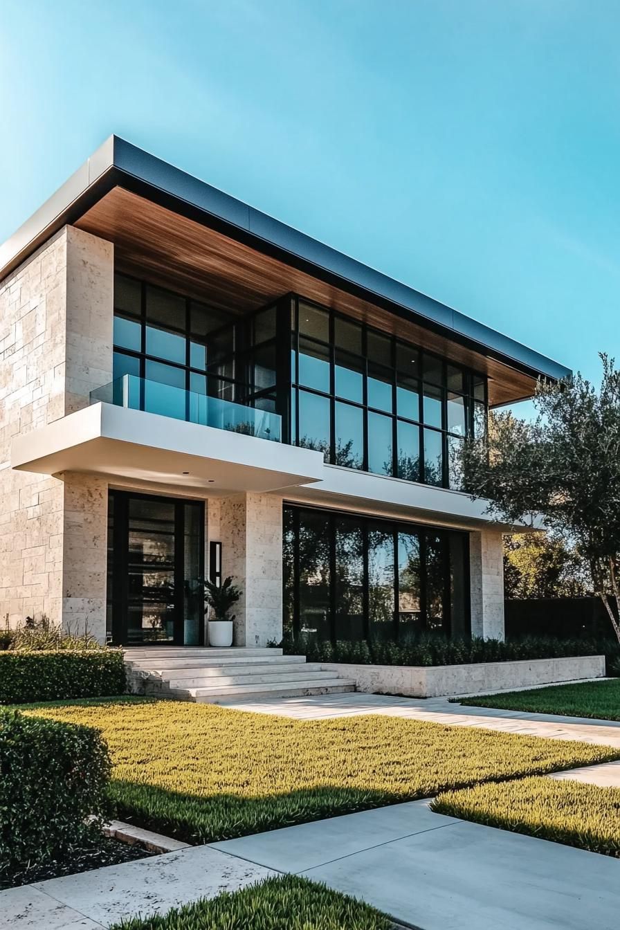 Contemporary home with large windows and stone walls