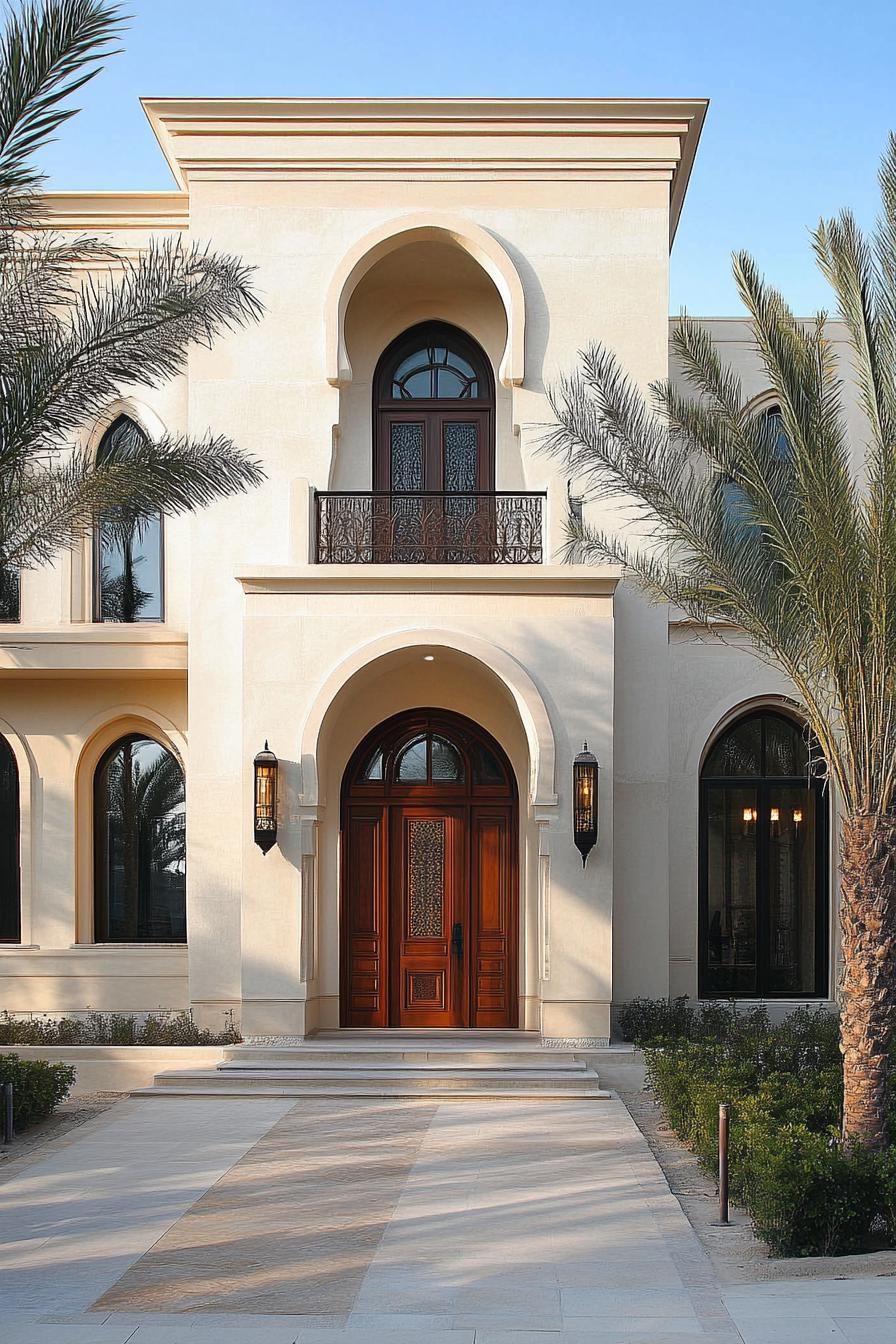 Elegant Arabic-style house entrance with arched doors and palm trees