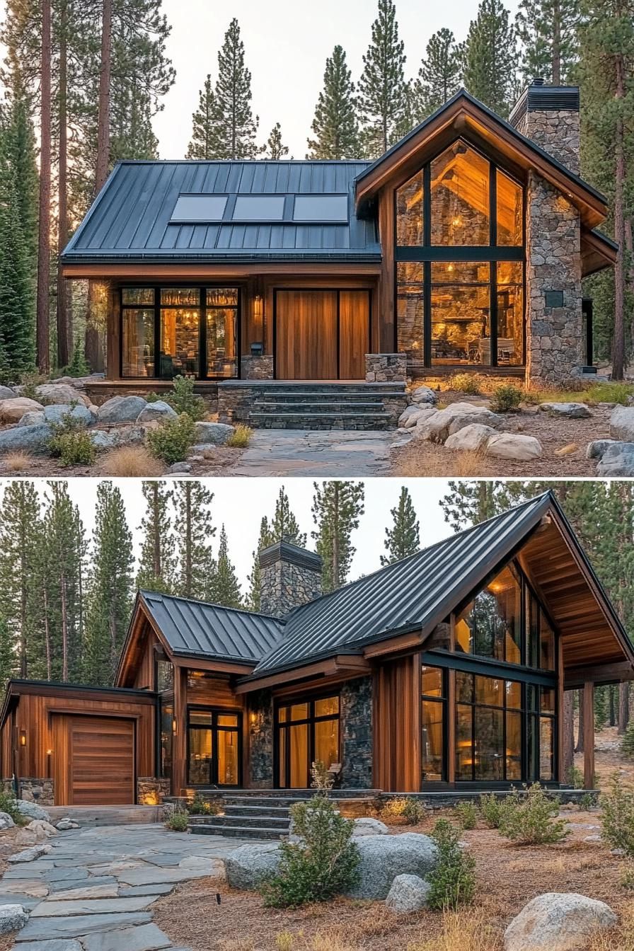 Rustic mountain cabin with large windows and stone detailing