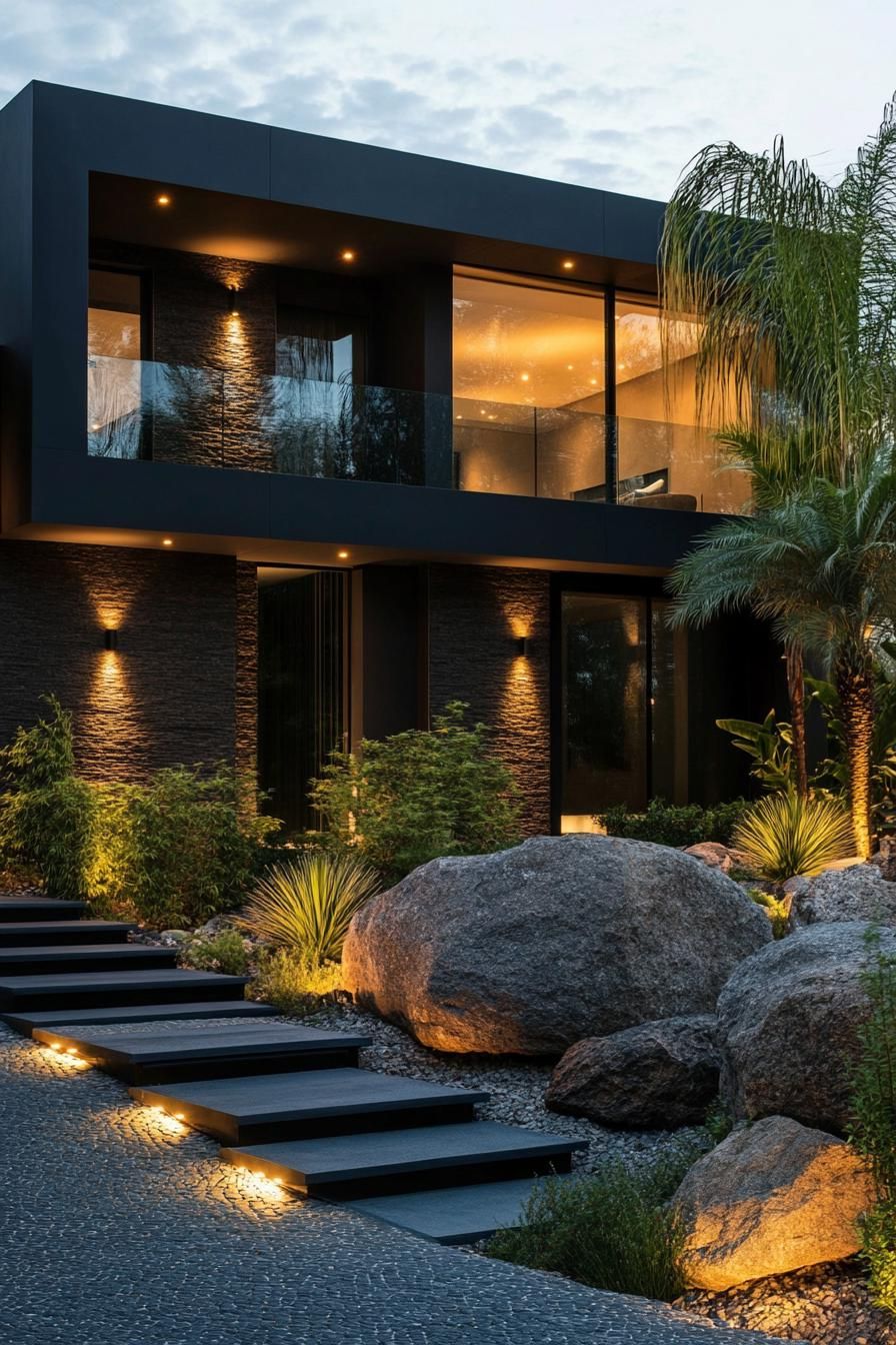 Modern house with floor-to-ceiling windows and garden lighting