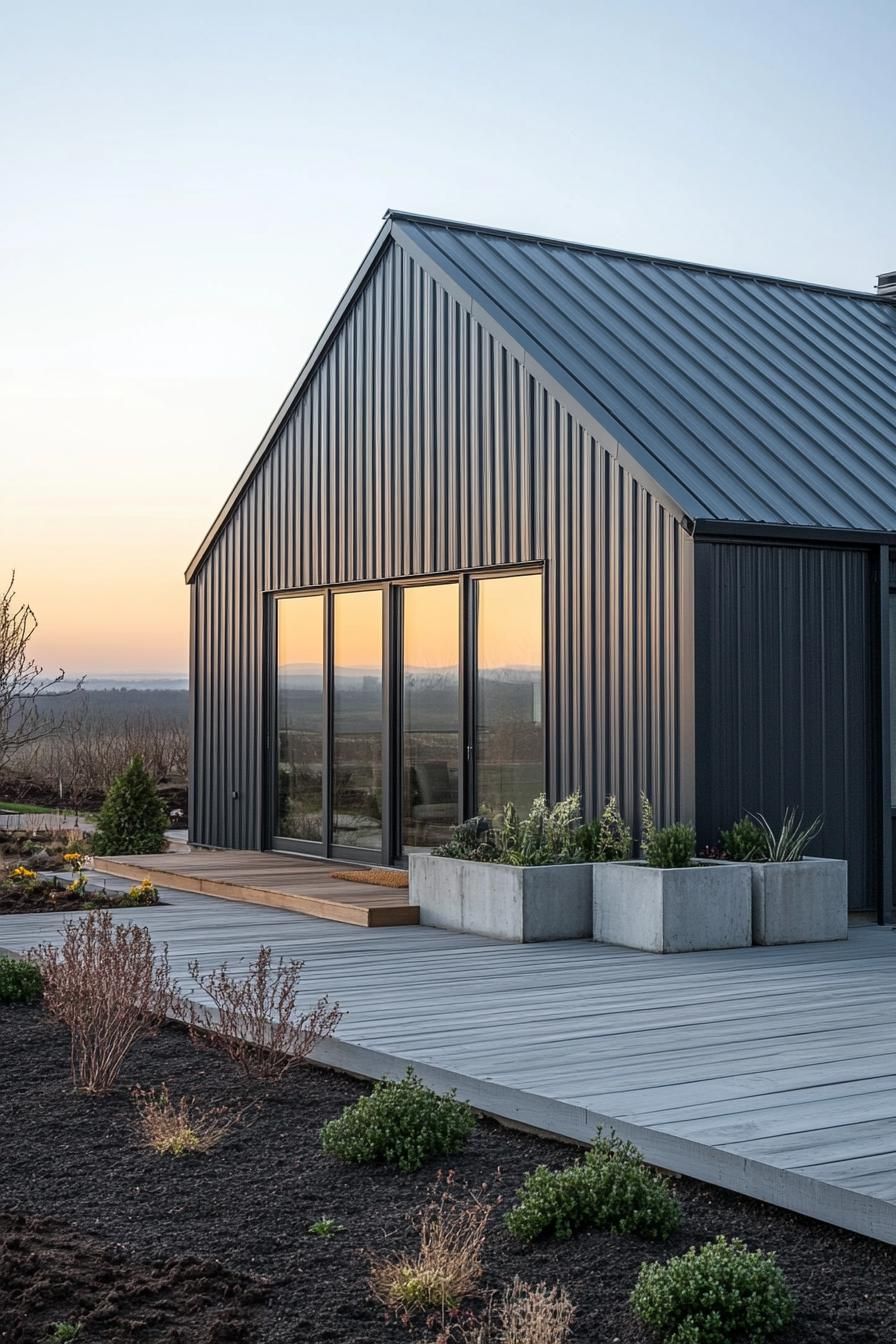 Modern barn house with large windows and metal siding