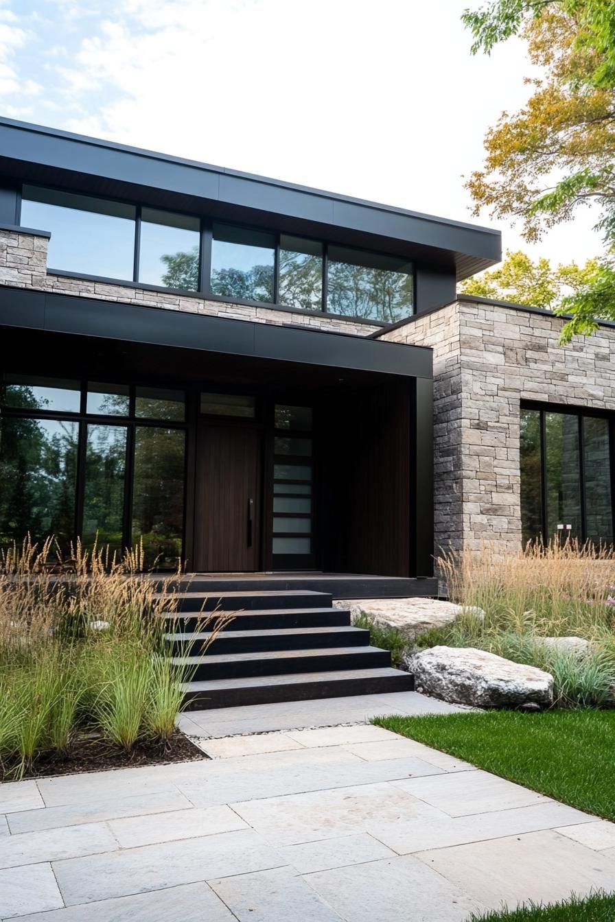 Modern house with stone exterior and large windows