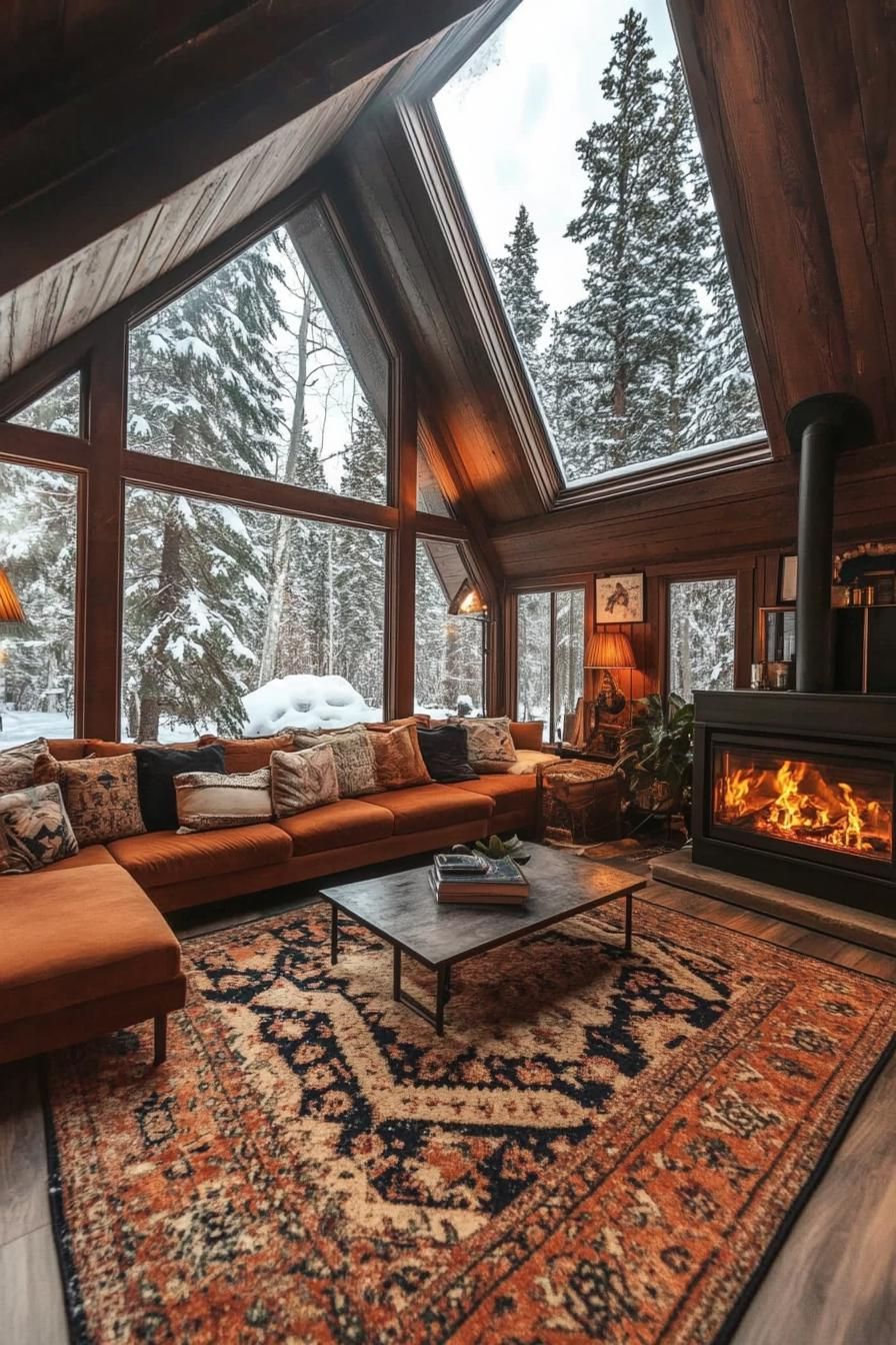 interior of a frame cabin in the woods full glass windows darkwood interior fireplace hardwood floor with pattern area rug sectional sofa with 3