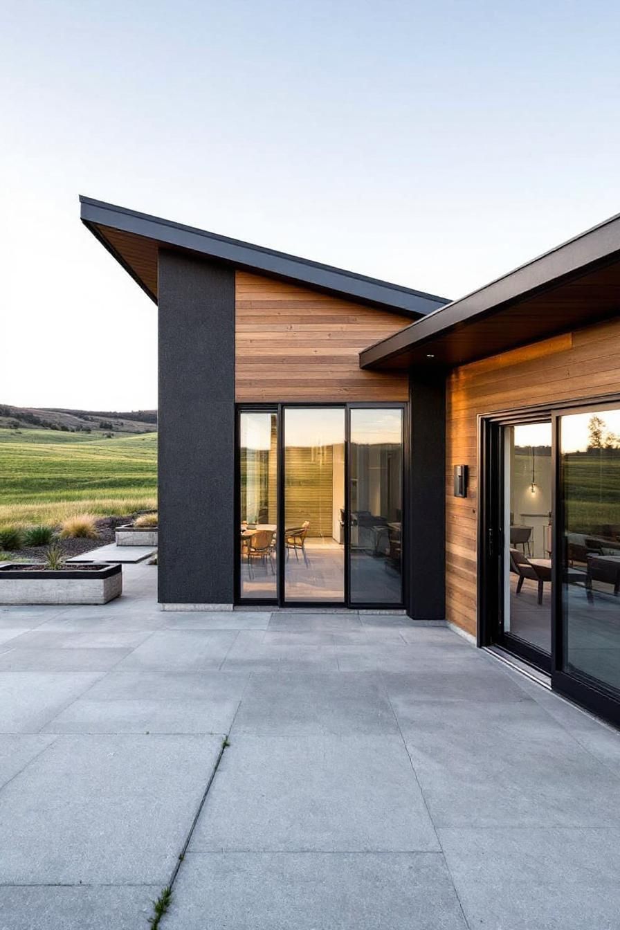 Modern house with slanted roof and large windows