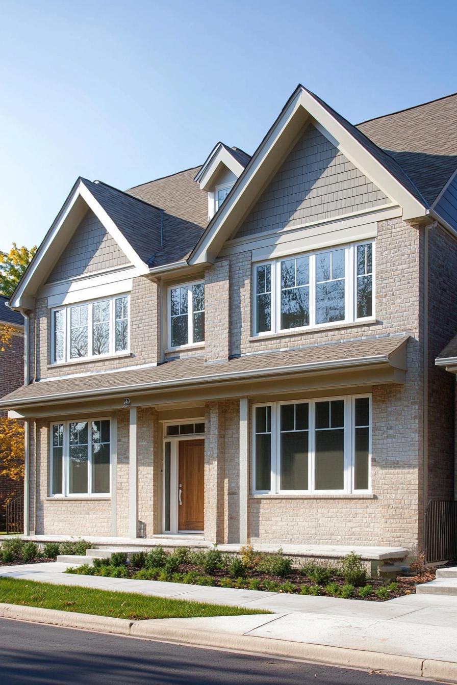 Front view of a modern townhouse with brick and large windows